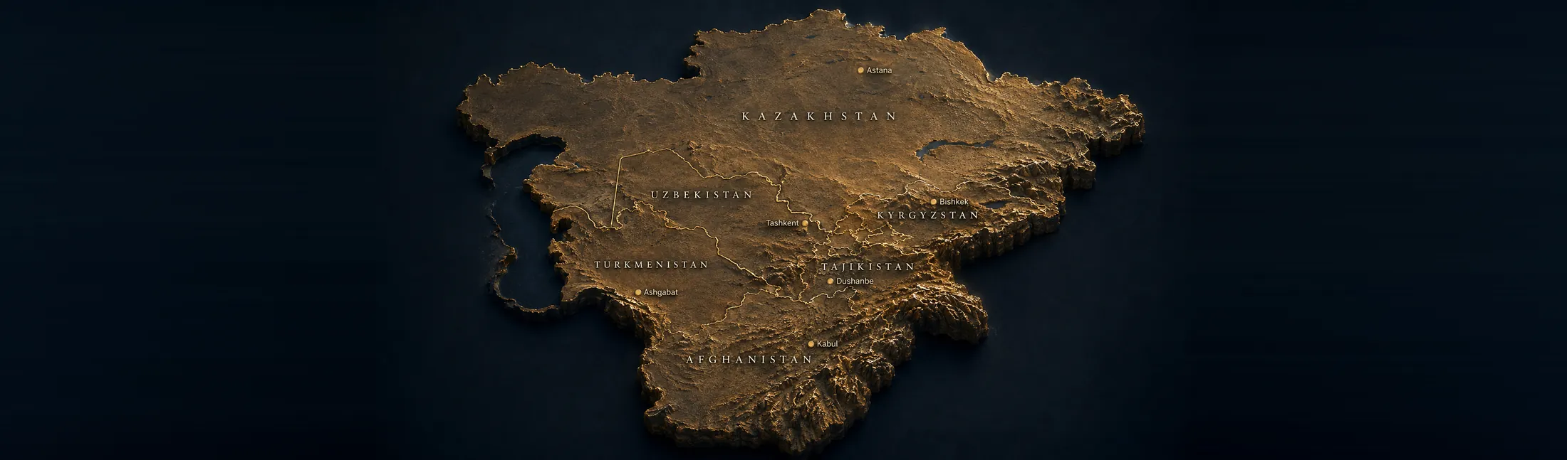 A relief map of Central Asia: Kazakhstan, Uzbekistan, Kyrgyzstan, Tajikistan, Turkmenistan and Afghanistan, lit in gold against deep navy.