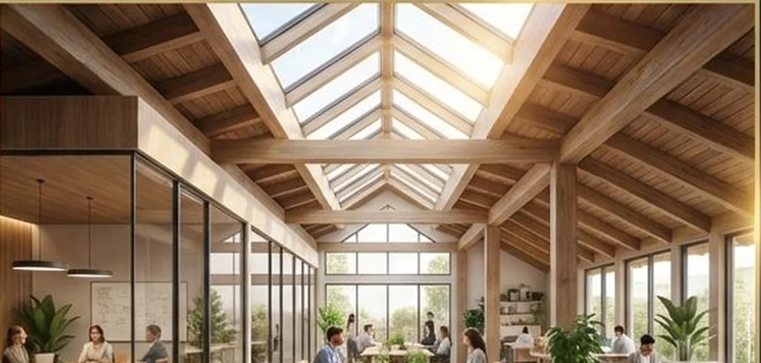 A render of the finished centre: timber ceiling, glazed rooms, daylight, people working