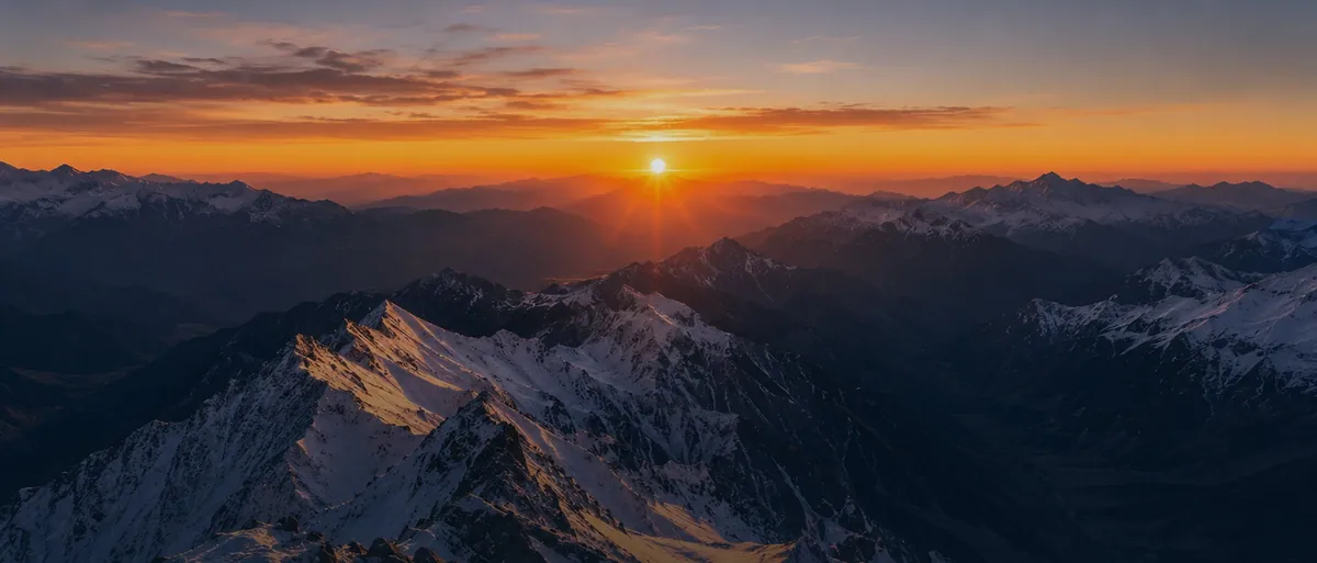 Sunrise over a snow-covered mountain range, ridges receding into haze