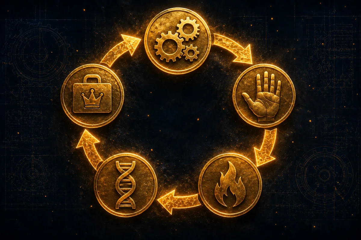 Five gold medallions in a ring joined by forged arrows: gears, an open hand, a flame, a double helix, a briefcase with a crown