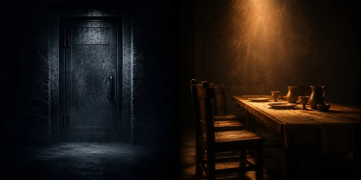 A shut steel door in cold light on the left; a warmly lit table laid for a meal on the right.