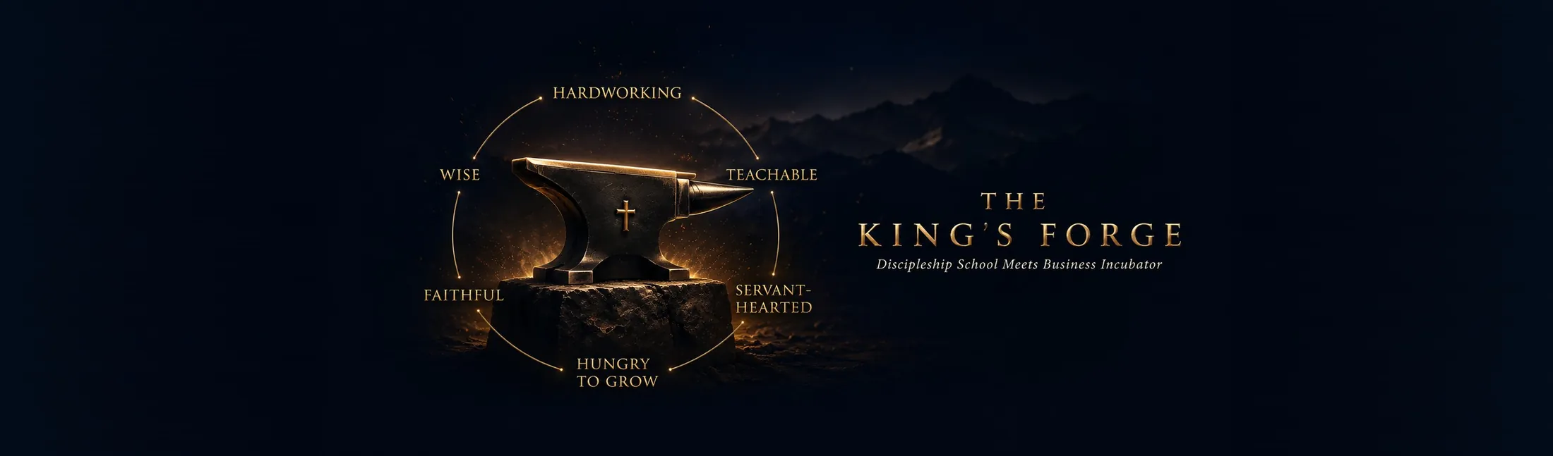 The King&rsquo;s Forge — discipleship school meets business incubator. An anvil ringed by the six core values: hardworking, teachable, servant-hearted, hungry to grow, faithful, wise.
