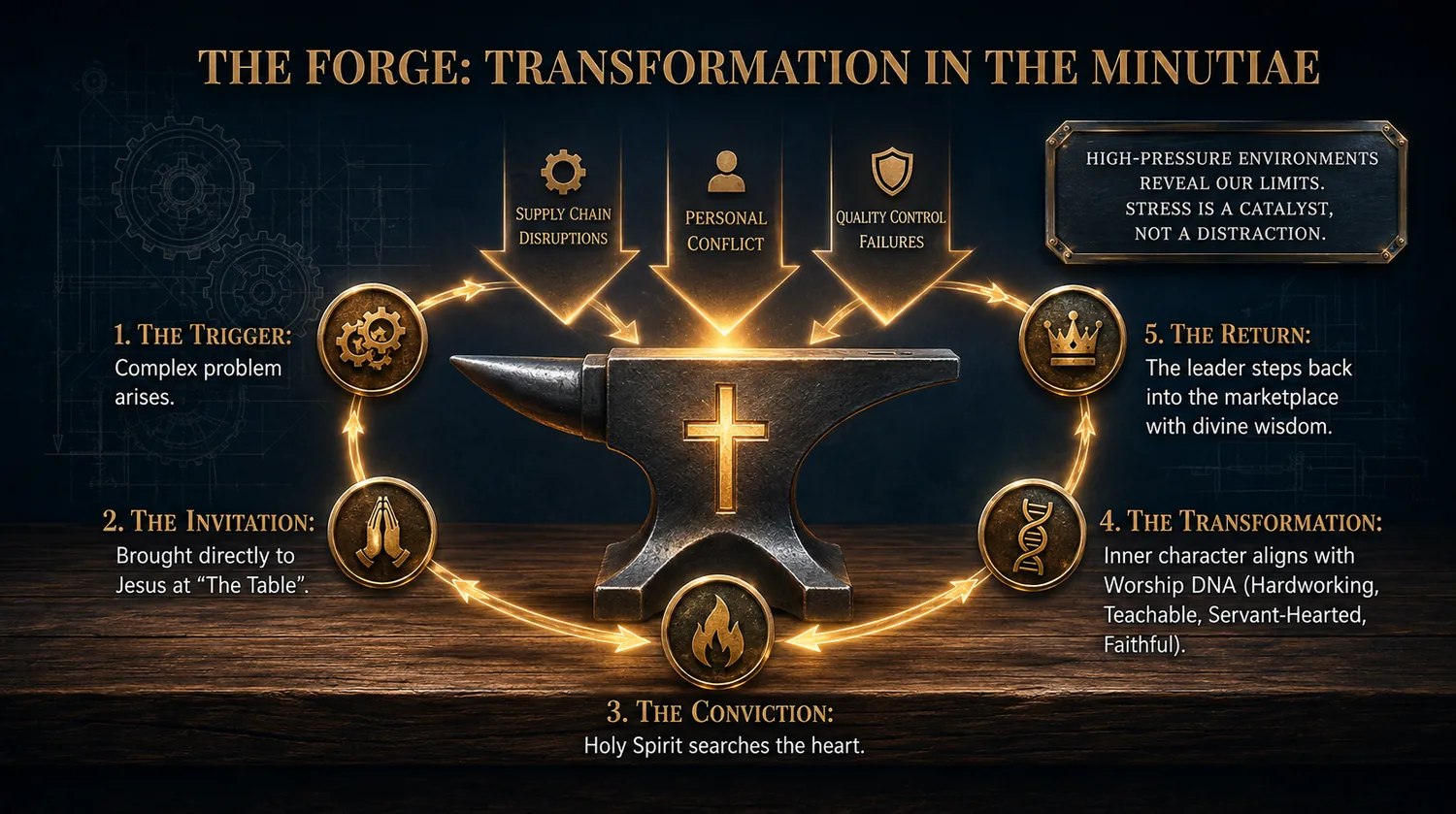 An anvil under three descending pressure arrows — supply chain disruptions, personal conflict, quality control failures — ringed by five steps: the trigger, the invitation, the conviction, the transformation, the return.