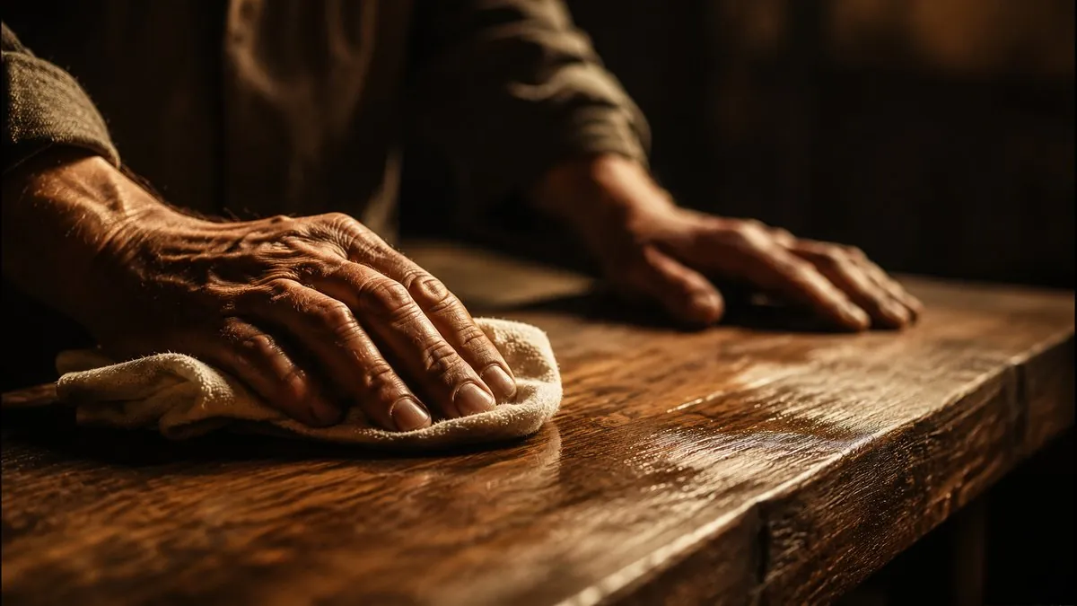 Weathered hands polishing a timber surface with a cloth, warm light from one side