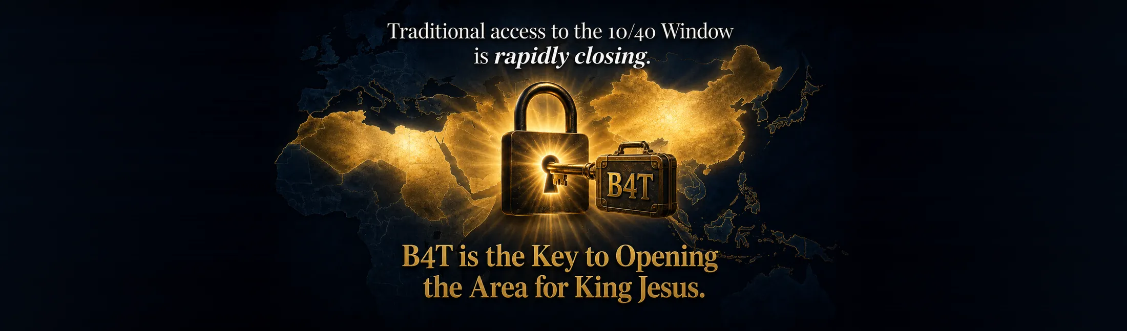 A padlock over the 10/40 window blazing with light, opened by a key whose bow is a case marked B4T