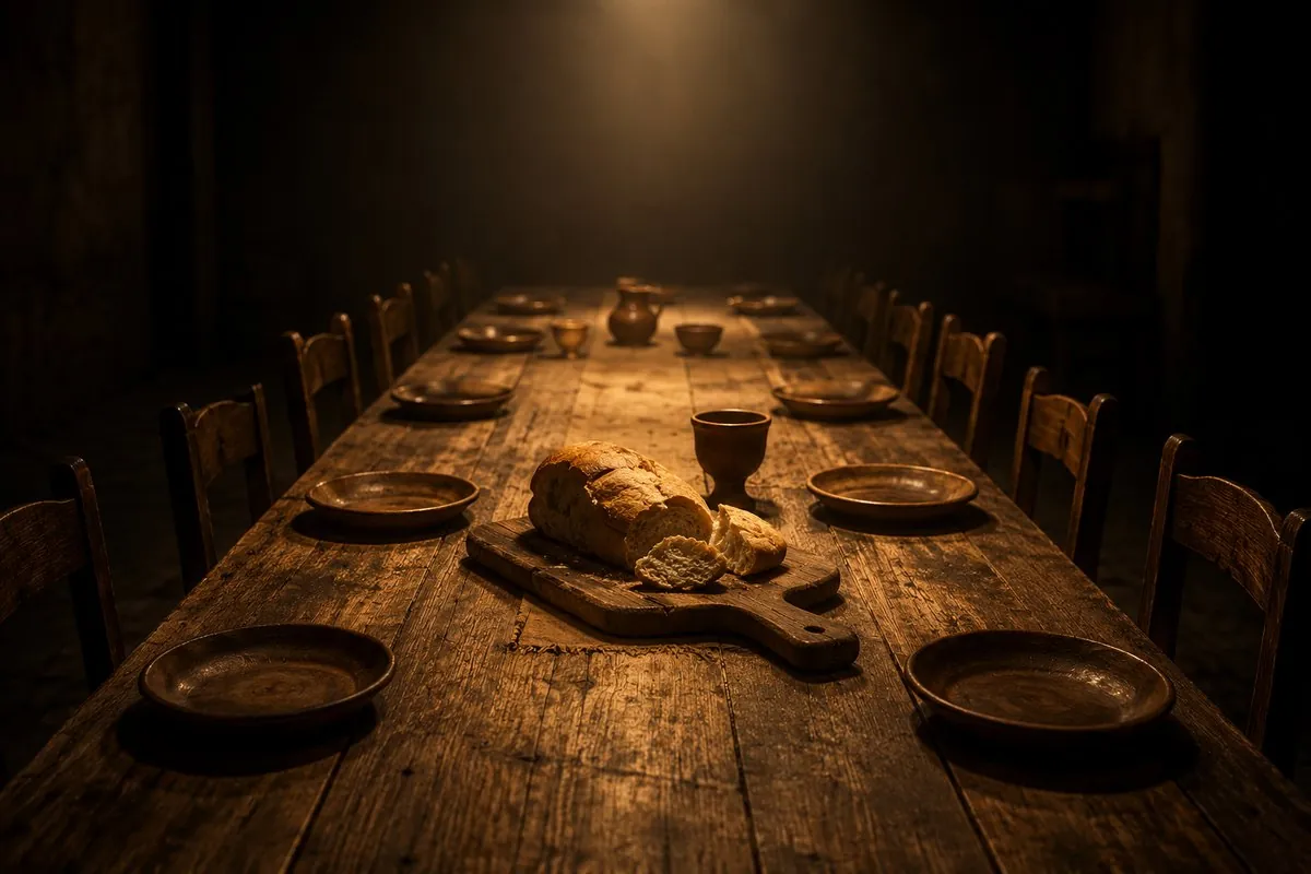 A long timber table laid with bread and a cup, lit from above, chairs drawn up on both sides