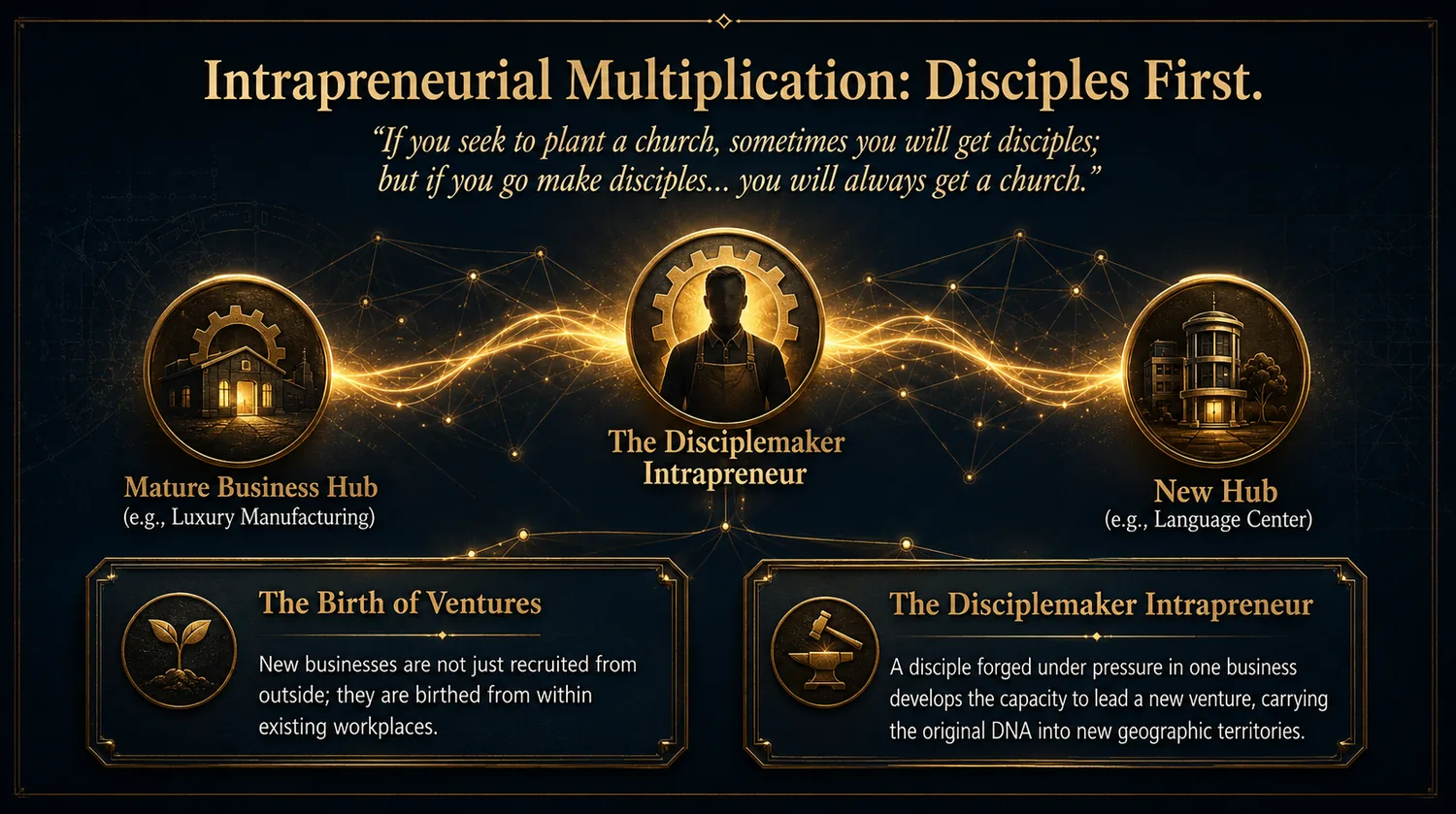 A mature business hub on the left, the disciplemaker intrapreneur at the centre, a new hub on the right, joined by a current of light