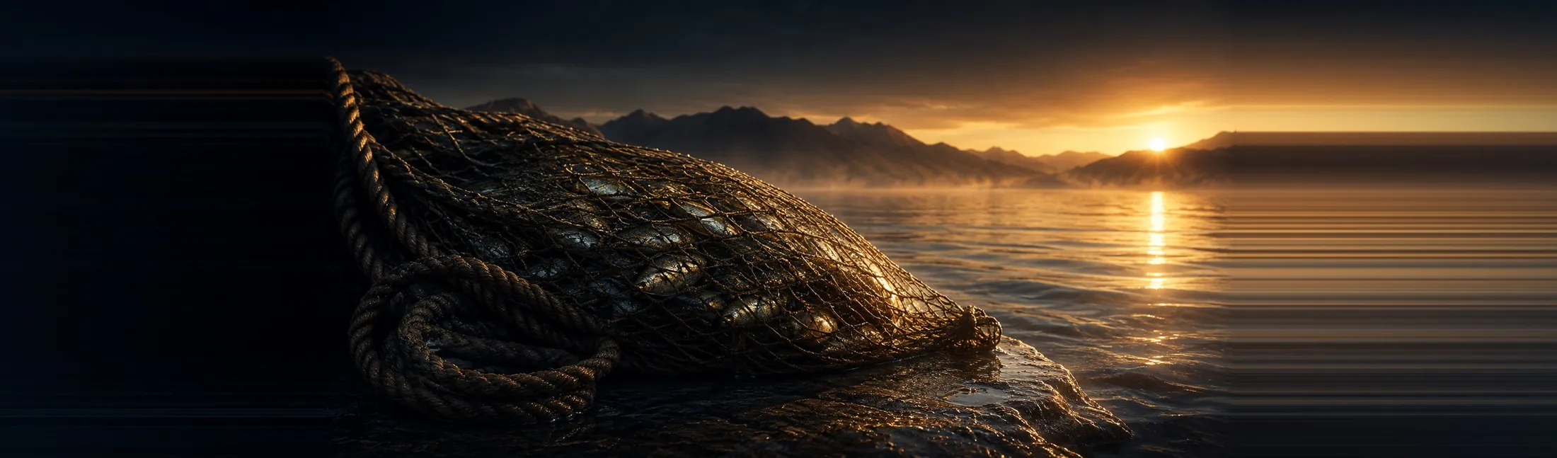 A heavy fishing net hauled onto the shore at dawn, laden with the catch, sunrise over the water.