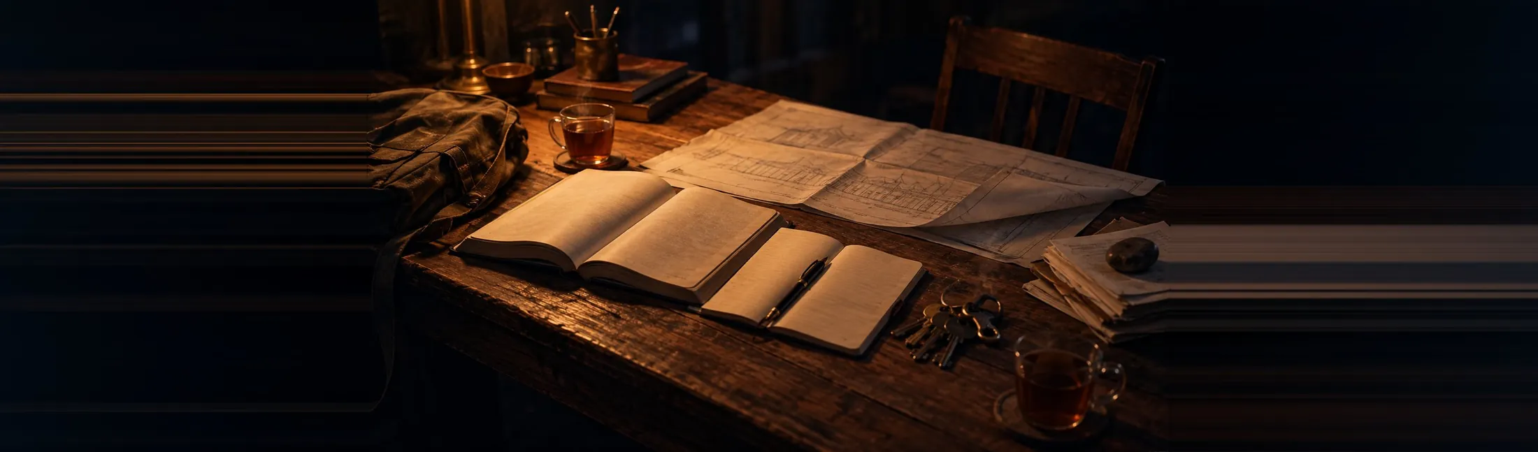 A lamplit table at night: an open book and notebook, folded building drawings, a ring of keys, two glasses of tea still steaming, a canvas bag, and an empty chair pushed back.