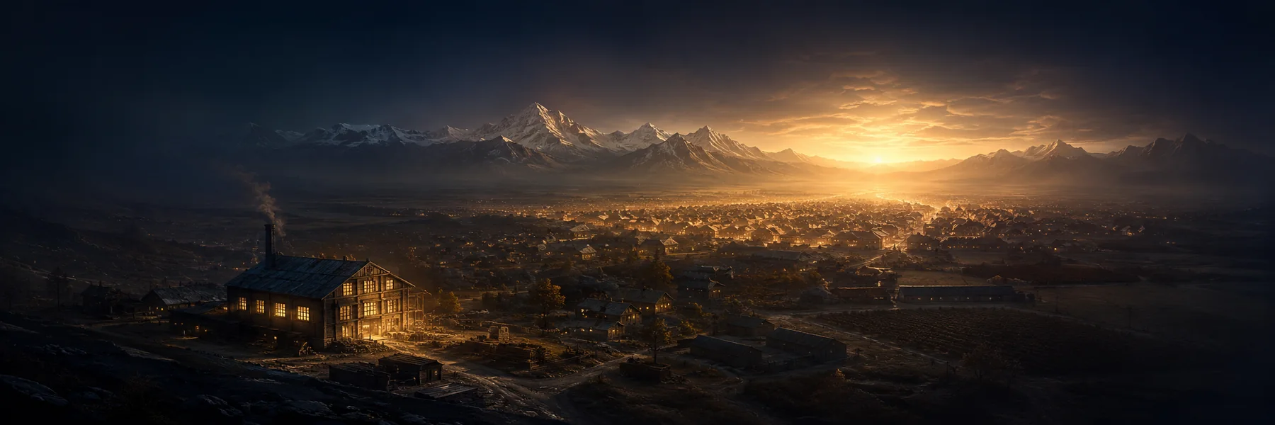 A valley at dawn: a lit workshop in the foreground, light spreading outward across nearby houses, a neighbourhood, and a whole town toward the mountains