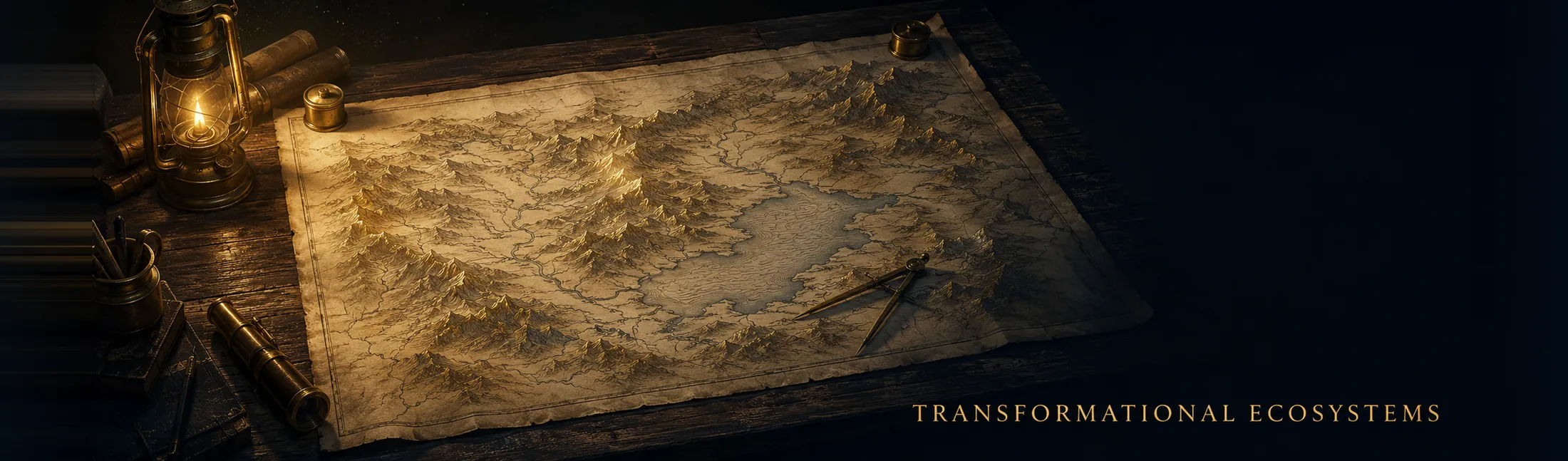 An antique map of a mountainous inland region unrolled by lamplight, brass dividers resting on it